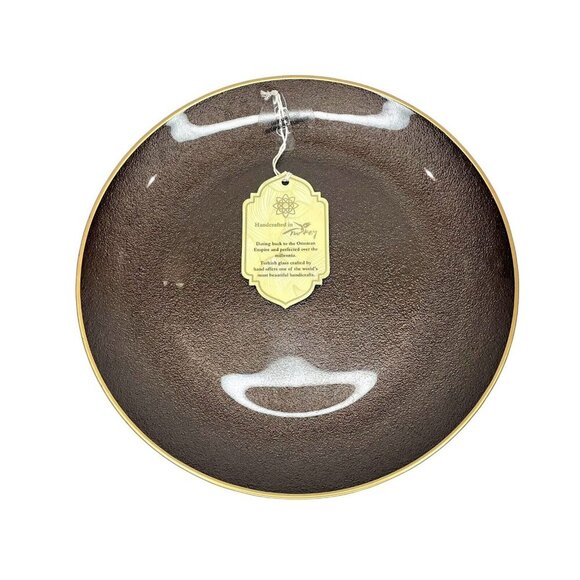 Turkish Glass 4 Entree Dinner Plates Set Brown Textured Gold Rim 11" NWT - Picture 10 of 11